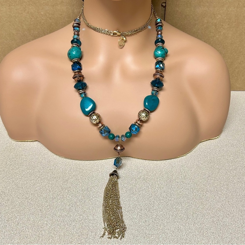 Erica Lyons Southwestern Turquoise & Blue Beaded Gold Tassel Necklace
